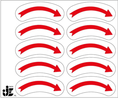 Rechtswijzende draairichtingspijl stickers - rood wit - op vel | 7,5 x 3 cm - 10 stickers per vel