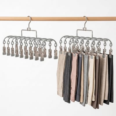 2-pack Broekhangers met 40 Clips – Ruimtebesparende Roestvrijstalen Kastorganizer - voor Hoeden Leggings en Jeans – Dubbelrijige Hangers voor Studentenkamerbenodigdheden - Grijs