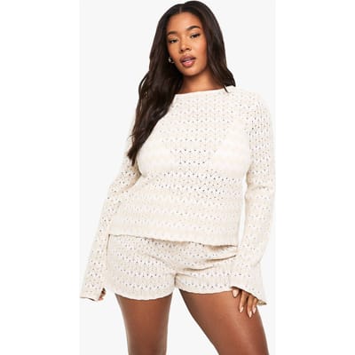boohoo Dames Plus Zig Zag Gebreide Tie-Front Strandtop | Beige | Maat: 46
