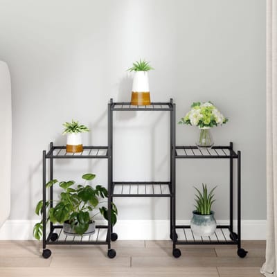 vidaXL - Bloemenstandaard - met - wielen - 83x25x63,5 - cm - ijzer - zwart