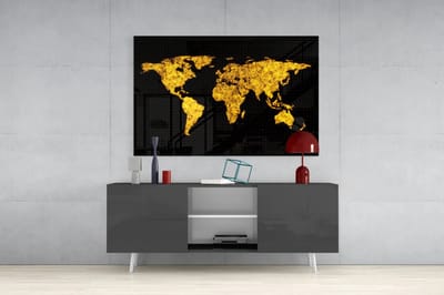 Glasschilderij - Wereldkaart - Goud - Zwart - 110x70x0.4 cm