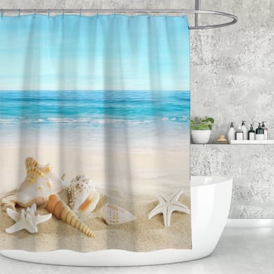 Floraweg Douchegordijn,Stof strand douchegordijn anti-schimmel wasbaar blauwe oceaan landschap, Zeeshell Starfish Tropical 3D douchegordijnen badkamer waterdicht verzwaard met 12 stuks douchegordijnhaken 180X180cm