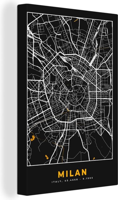Canvas Schilderij Kaart - Milaan - Plattegrond - Goud - Stadskaart - 20x30 cm - Wanddecoratie