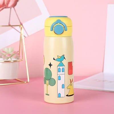RVS Thermosbeker in Cartoonstijl met Draagring Draagbare Buiten Kinderwaterbeker Rechte Drink Mini Klapdeksel Waterbeker 500ml
