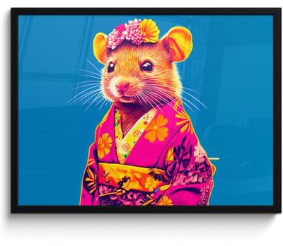 Poster in lijst - Fotolijst 70x50 cm - Posters - Muis - Kimono - Bloemen - Blauw - Posterlijst zwart - Decoratie - Wanddecoratie woonkamer - Muurdecoratie slaapkamer
