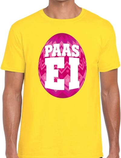 Geel Paas t-shirt met roze paasei - Pasen shirt voor heren - Pasen kleding S
