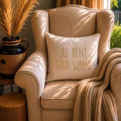 Kussen Kussenhoes met tekst bedrukt cadeau | jij bent goud waard | beige met opdruk goud | 50x50cm | | opa oma mama papa juf meester bedanken collega vriendin juffendag vaderdag moederdag verjaardag man vrouw woonkamer luxe zacht