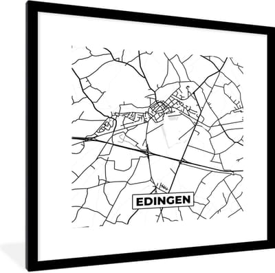 Fotolijst incl. Poster Zwart Wit- België – Edingen – Stadskaart – Kaart – Zwart Wit – Plattegrond - 40x40 cm - Posterlijst