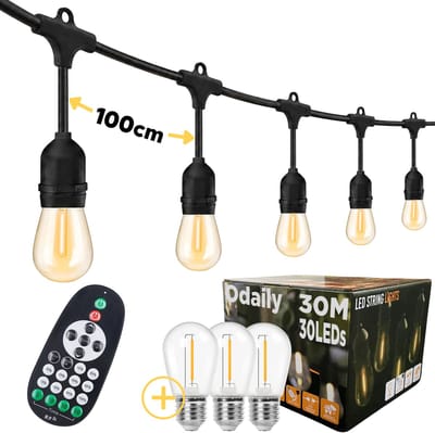 Odaily Lichtsnoer Buiten - 30 Meter - 30 LED Lampen - Warm Wit Licht - Dimbaar - Horecakwaliteit