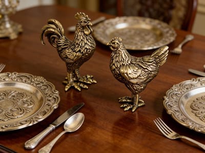 Miniatuurset van Koper Haan en Kippen, Handgemaakte Figuren, Geluksbrenger voor Tafel en Woonkamer Decoratie