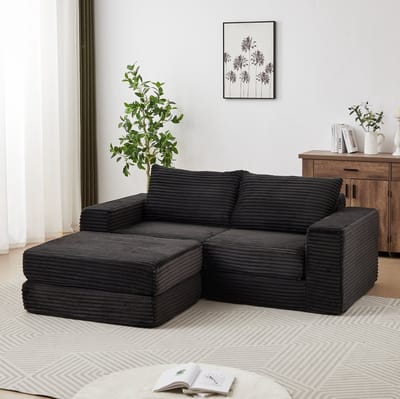 MIVRAY Slaapbank 194 x 169,5 cm - Modulair 2-in-1 Ontwerp Met Verplaatsbare Voetensteun En 2 Kussens - Voor Woonkamer - Corduroy Zwart