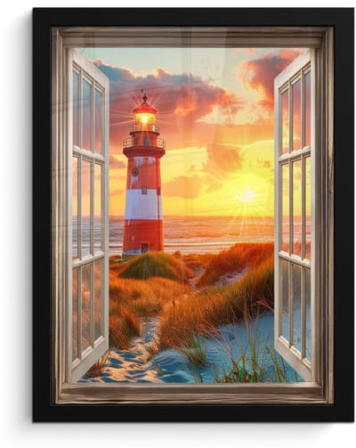 Poster in lijst - Fotolijst 30x40 cm - Posters - Doorkijk - Raam - Vuurtoren - Zonsondergang - Strand - Posterlijst zwart - Decoratie - Wanddecoratie woonkamer - Muurdecoratie slaapkamer