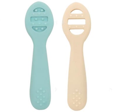 Baby Eerste Eetfase Lepel Set – 2 stuks – Groen Beige - Zelfstandig Eten – BPA-vrij Siliconen Lepels (Open & Gesloten Design)