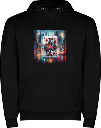 Zwarte unisex hoodie met “ Kleurrijke Speelkaart Ruiten Boer – Harten – Schoppen – Klaver – Ruit “ Print Full Color Color merk Roly maat S