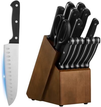 15-delige keukenmessenset met houten blok en slijper, roestvrijstalen messen met hoog koolstofgehalte, ergonomische ABS-handgrepen, inclusief slijpstaaf, ideaal voor thuis koken