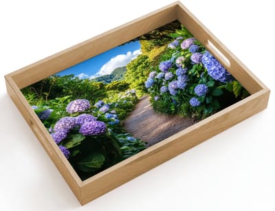 Dienblad hout 40x30 cm - Schootdienblad - Hortsensia - Pad - Bloemen - Borrelplank rechthoek - Plateau dienbladen
