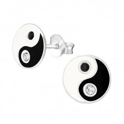 Zilveren kinderoorbellen - yin yang met onyx en kristal