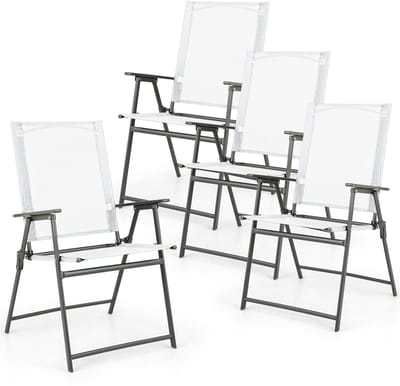 COSTWAY Set van 4 tuinstoelen, klapstoelen met weerbestendige stof, balkonstoelen met armleuningen, terrasstoelen voor tuin, terras, balkon, wit