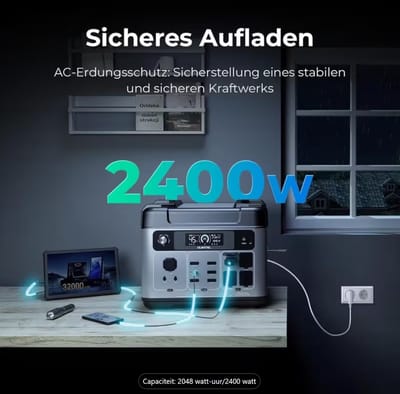 Krachtige 2048Wh LiFePO4 powerstation met 2400W continu vermogen, 13 veelzijdige uitgangen, super-snelladen en UPS-functie. Ideaal voor thuis, camper, werkplek en noodsituaties.