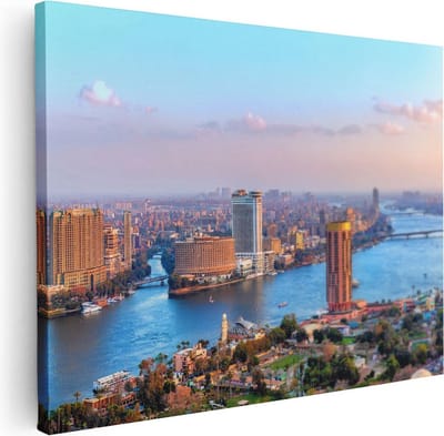 Artaza Canvas Schilderij Stad Egypte - 40x30 cm - Klein - Muurdecoratie Skyline - Wanddecoratie Nijl - Kamer Accessoires