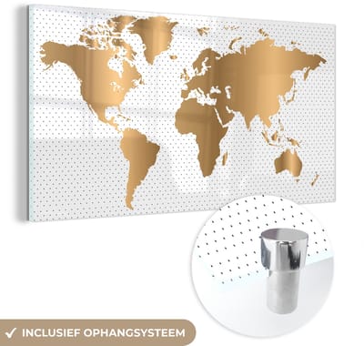® Glasschilderij 160x80 cm - Schilderij acrylglas - Wereldkaart - Goud - Stippen - Kinderen - Jongens - Meiden - Foto op glas - Muurdecoratie woonkamer - Wanddecoratie slaapkamer - Schilderijen