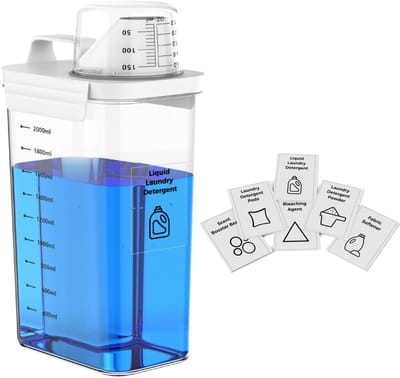 Famanu – Wasmiddeldispenser met maatbeker, 2300 ml transparante luchtdichte opslag voor poeder en vloeibaar wasmiddel