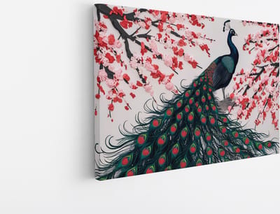 Saammp Canvas Schilderij - Pauw tussen de Rode bloemen - Dieren - Natuur - 45x30 - Foto op canvas - Wanddecoratie - muurdecoratie Woonkamer - Slaapkamer decoratie - Canvas Print