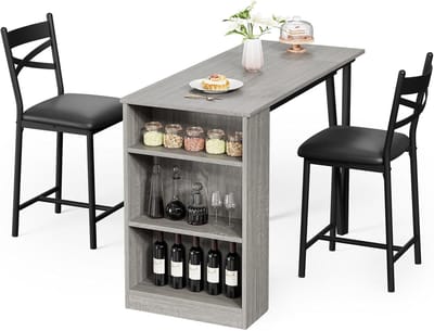 Industriële Bartafel Set met 2 Barstoelen - Uitschuifbaar en Inklapbaar Tafelblad - Met 3 Opbergplanken - Ruimtebesparend - Grijs/Zwart