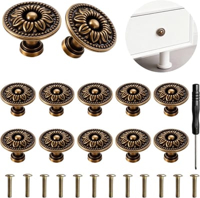 12 stuks bronzen meubelknoppen vintage 30 mm knoppen met bloemenpatroon, met schroeven en schroevendraaier, robuust en esthetisch, zeer mooi, voor kasten en laden