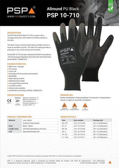 1x 12 paar - Werkhandschoenen PSP 10-710 Allround PU Black Nylon, Zwart, maat 08 / M