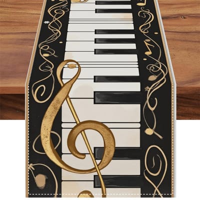 Muziek Piano Toetsenbord Linnen Tafel Runner Feestdecoratie Gouden Muzieknoten G-sleutels Tafelkleed Commode Sjaal Decoratie 150x33cm black