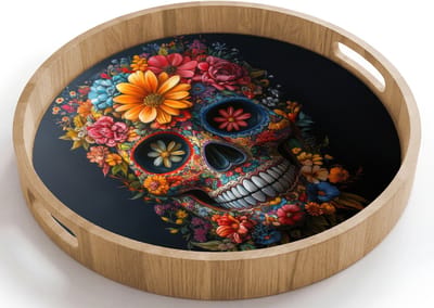 Dienblad rond 40x40 cm - Schootdienblad hout - Bloemen - Kleurrijk - Schedel - Borrelplank rechthoek - Plateau houten dienbladen