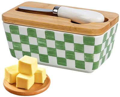 Dailygoods - Botervloot van keramiek met houten deksel en botermes, grote capaciteit, porselein, botervloot met multifunctioneel, boterbox voor huishouden en keuken, goede dichtheid (diamantjes)