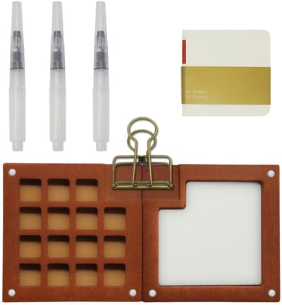 Dailygoods- Aquarelpaletten Draagbaar Ontwerp - Aquarel Set - Houten Verfdoos - 15 Roosters - Waterpennen - Tekenboek - Aquarelset