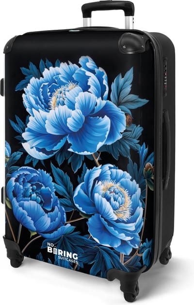 NoBoringSuitcases.com® - Koffer groot - Rolkoffer lichtgewicht - Zwart met blauwe pioenrozen - Reiskoffer op 4 wielen - Travel luggage suitcase - Volwassenen - Vakantie - Valies grote trolley XL - 20 kg bagage