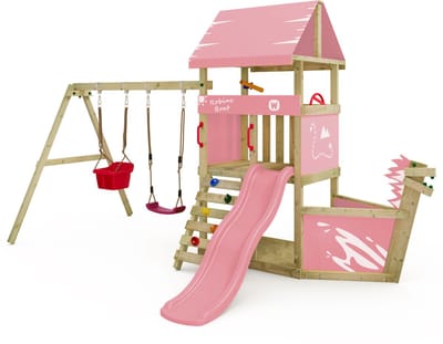 Wickey DinkyHouse Speeltoestel met Schommel & Schipboeg - Houten Klimrek Buiten met Glijbaan en Zandbak - Compact Speeltoestel voor de Tuin - Inclusief Krijtbord en Klimstenen – 303x317x247 cm - Pastelroze