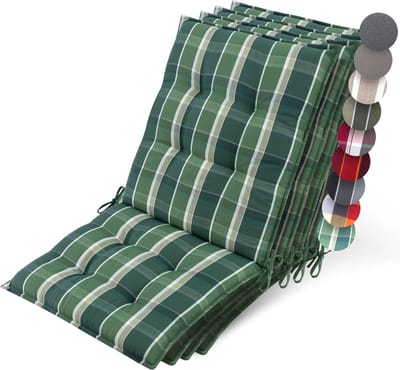 Beautissu Sun-NL – Set van 4 Premium Lage Rugleuning Kussen 100x50 cm - UV-bestendig & 8cm Dik Kussen Tuinstoelkussen Antislip Bevestigingsbanden – Stevige Stof Groen Ruit Gestreept