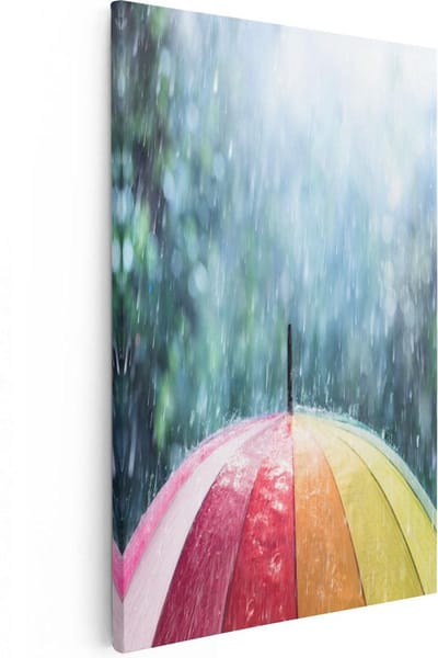 Artaza Canvas Schilderij Kleurrijke Paraplu In De Regen - 20x30 cm - Klein - Wanddecoratie Regenboog - Muurdecoratie Woonkamer - Kamer Accessoires