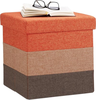 gepolsterde zitkruk met opslagruimte - opvouwbaar - 38 x 38 x 38 cm - gestreept - poef - oranje-bruin