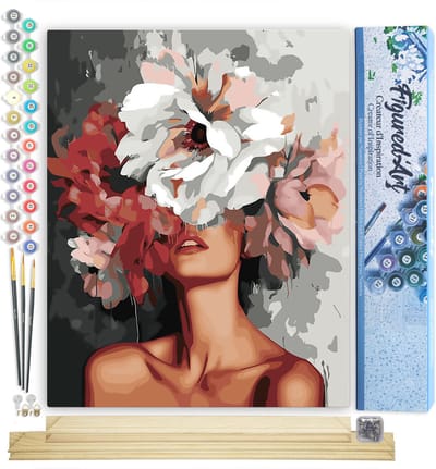 Figured'Art Schilderen op Nummer Volwassenen canvas Schoonheid achter Bloemen - Handwerk acrylverf Kit DIY Compleet - 40x50cm met DIY houten lijst