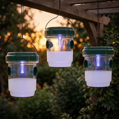 Cheqo® Wespenvanger Set van 3 - Wespenval Solar met UV LED - Wespenvanger Buiten - Muggenval en Vliegenvanger - Wespenverjager voor Tuin - Ongediertebestrijding - Diervriendelijke Insectenval met Ophangbeugel - Gifvrij en Navulbaar