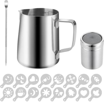PromoHome Professioneel Melkkannetje Roestvrij Staal 350 ml - Melkopschuimer voor Cappuccino, Espresso en Latte Art met Maatmarkering en Anti-Drup Mondstuk