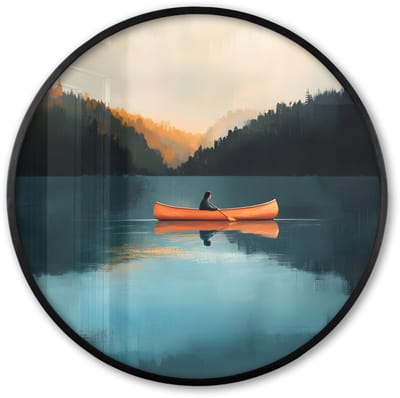 Poster in lijst Rond - Fotolijst 60x60 cm - Posters - Bossen - Meer - Kano - Oranje - Ronde posterlijst zwart - Decoratie - Wanddecoratie woonkamer - Muurdecoratie slaapkamer