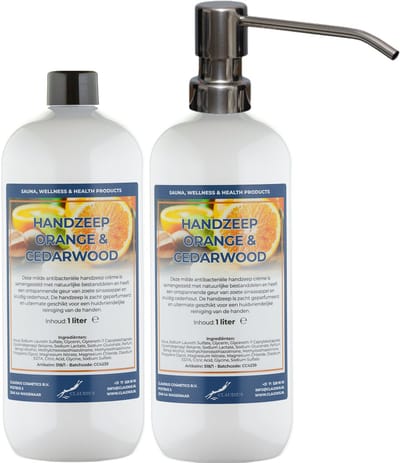 Handzeep Sweet Orange & Cedarwood 1 liter - set van 2 stuks - met gratis RVS zilverkleurige pomp - Voordeelverpakking