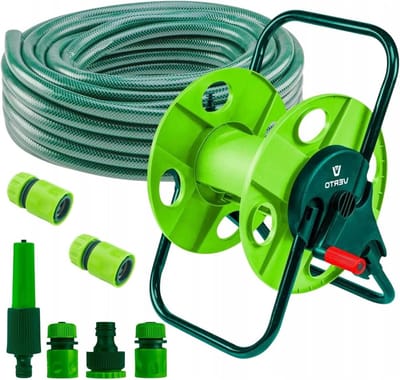 VERTO Slanghaspel + tuinslang 20 m + waterspuit + 3 x slangverbinder, waterstop, kraanverbinder, tuinirrigatie, complete starterset