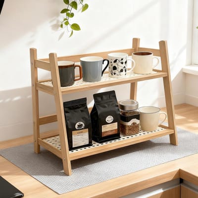 Famanu – Keukenorganizer met 2 etages van bamboe met rotanlook – Decoratief kruidenrek en thee-organizer voor aanrecht, keuken, woonkamer en kantoor – Houtkleur
