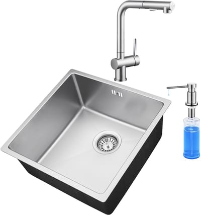 Auralum max Spoelbak RVS (44x44CM) – Spoelbak Keuken Met Keukenkraan met Uittrekbare Uitloop en Zeepdispenser 300ML - Spoelbakken Keuken – Wasbak Keuken - RVS