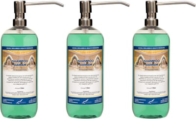 Shampoo Hamam 1 liter met 3 luxe RVS zilverkleurige pompen - set van 3 stuks - voordeelverpakking - haarverzorging