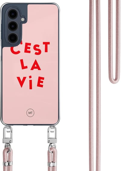 Hoesje met koord geschikt voor Samsung Galaxy A16 - C'est la vie - Inclusief Rosegoud koord - Crossbody beschermhoes - Transparant, Roze - Mooie Telefoonhoesjes