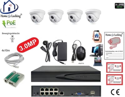 Home-Locking camerasysteem met bewegingsdetectie en NVR 8ch 8.0MP H265 POE en 4 dome pvc camera's 3.0MP CS-4-1401B (dome camera IP65)